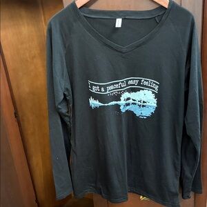 Black V-Neck Long-Sleeve Graphic Tee with Light Blue Guitar Print